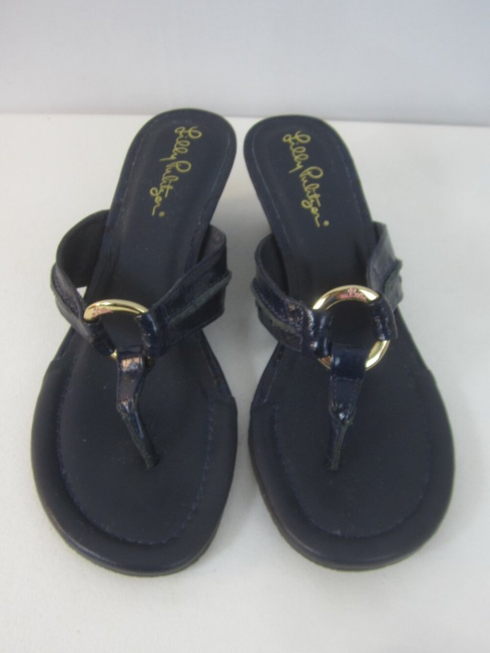 LILLY PULITZER MCKIM Women 5.5 Navy Blue patent Leather Woven Wedge Thong Sandal